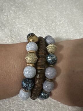 Handcrafted Blue Gray and Brown Beaded Stretch Bracelet Set